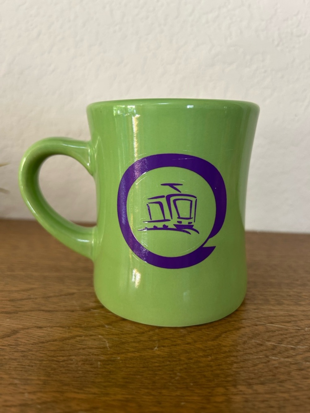 Green Ceramic Diner Mug with Portland Purple Tram Logo -